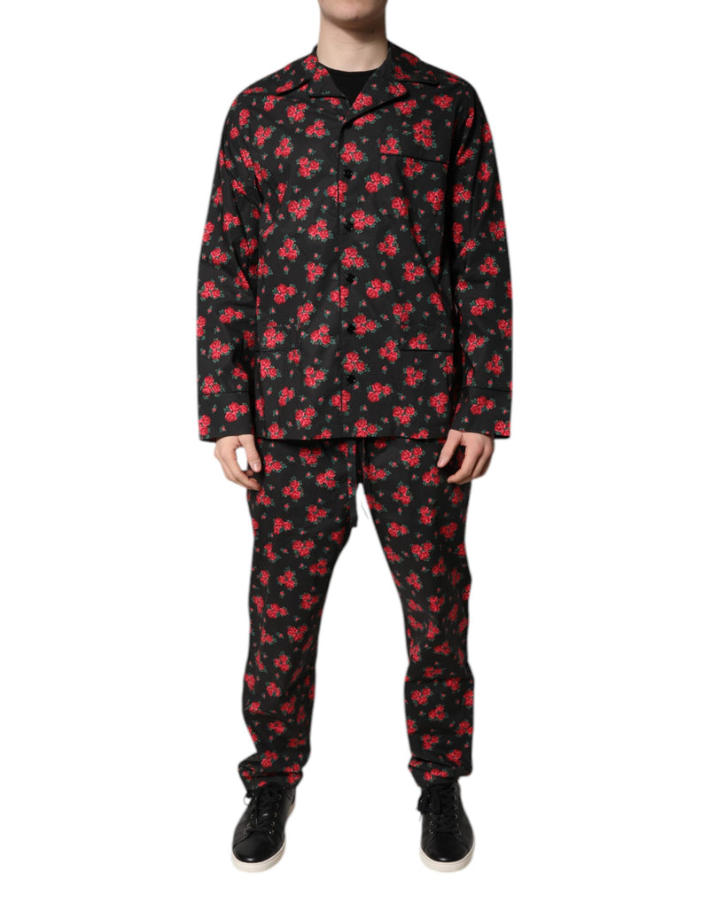 Black Floral Print Cotton Men Pajama Set Sleepwear-Dolce & Gabbana-LabelTerrace.com