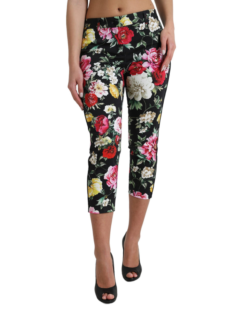 Black Floral Print Mid Waist Cropped Pants-Dolce & Gabbana-LabelTerrace.com
