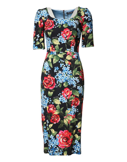 Black Floral Print Viscose Sheath Midi Dress