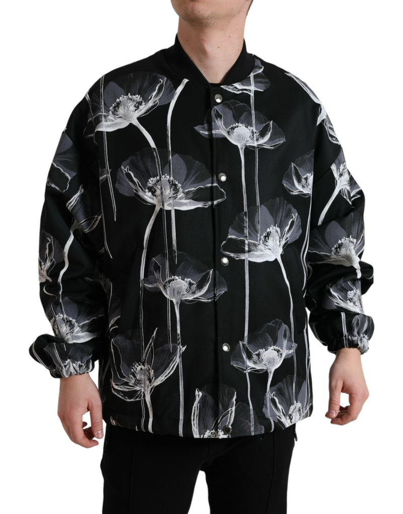 Black Floral Print Wool Button Down Bomber Jacket-Dolce & Gabbana-LabelTerrace.com