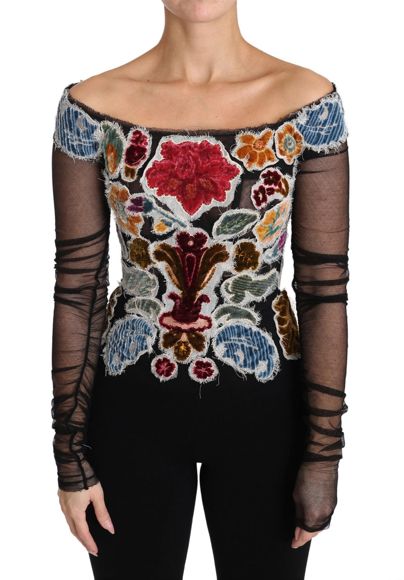Black Floral Ricamo Top T-shirt Blouse-Dolce & Gabbana-LabelTerrace.com