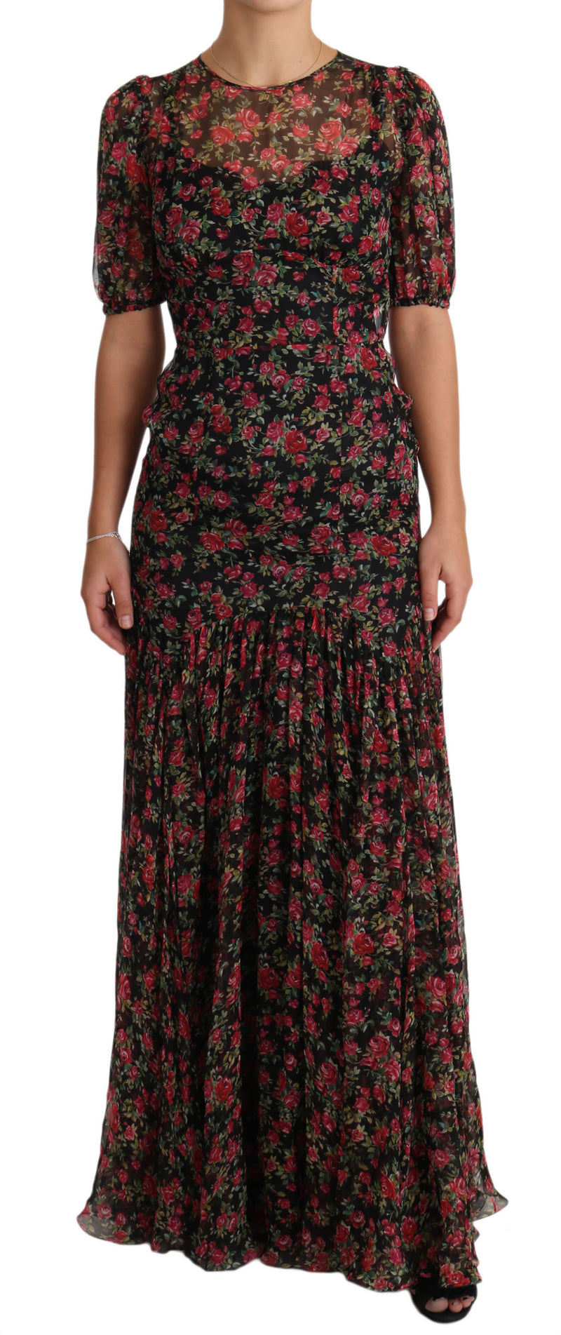 Black Floral Roses A-Line Shift Gown Dress-Dolce & Gabbana-LabelTerrace.com
