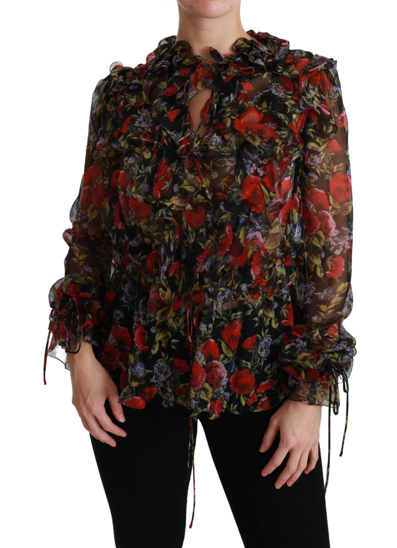 Black Floral Roses Blouse Silk Top-Dolce & Gabbana-LabelTerrace.com