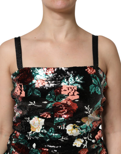 Black Floral Sequin Sleeveless Sheath Dress-Dolce & Gabbana-LabelTerrace.com