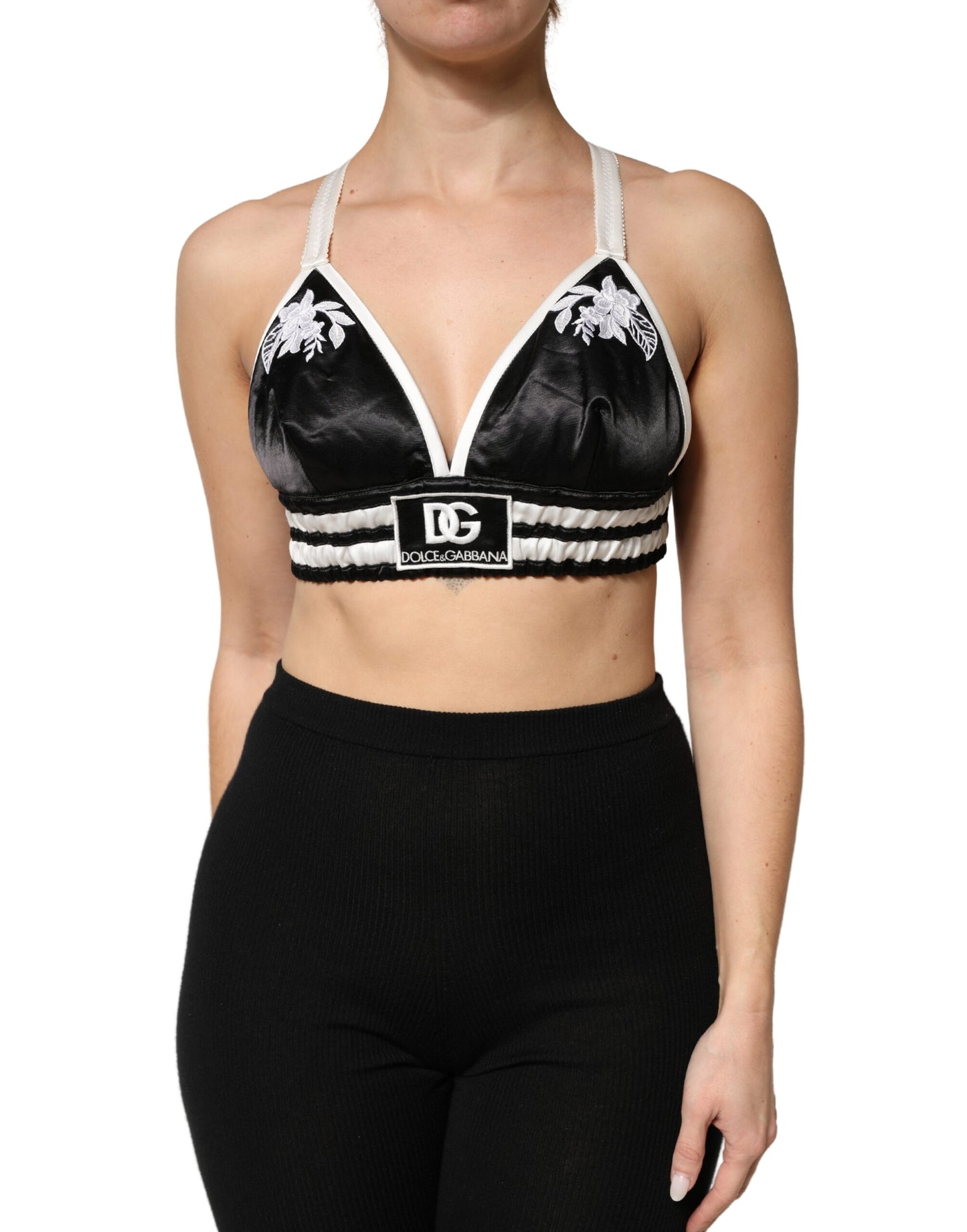 Black Floral Silk Satin Crop Logo Bralette Top
