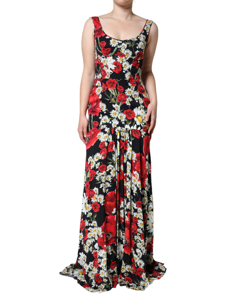 Black Floral Silk Sleeveless Long Gown Dress-Dolce & Gabbana-LabelTerrace.com