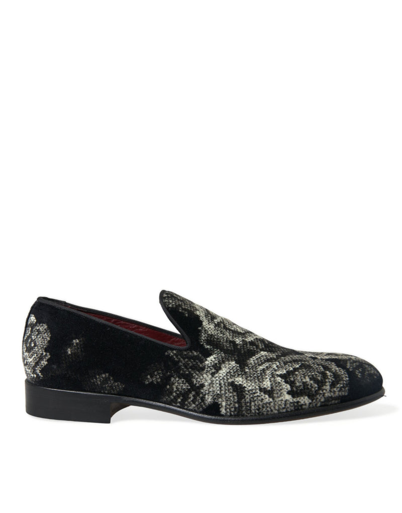 Black Floral Slippers Men Loafers Dress Shoes-Dolce & Gabbana-LabelTerrace.com