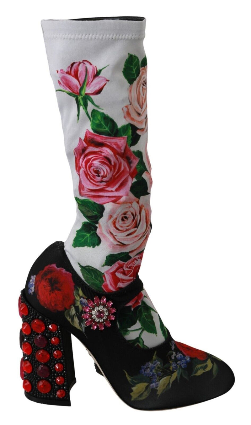 Black Floral Socks Crystal Jersey Boots Shoes-Dolce & Gabbana-LabelTerrace.com