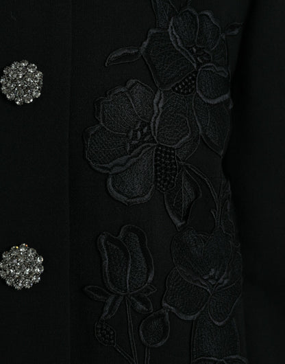 Black Floral Wool Button Embellished Jacket