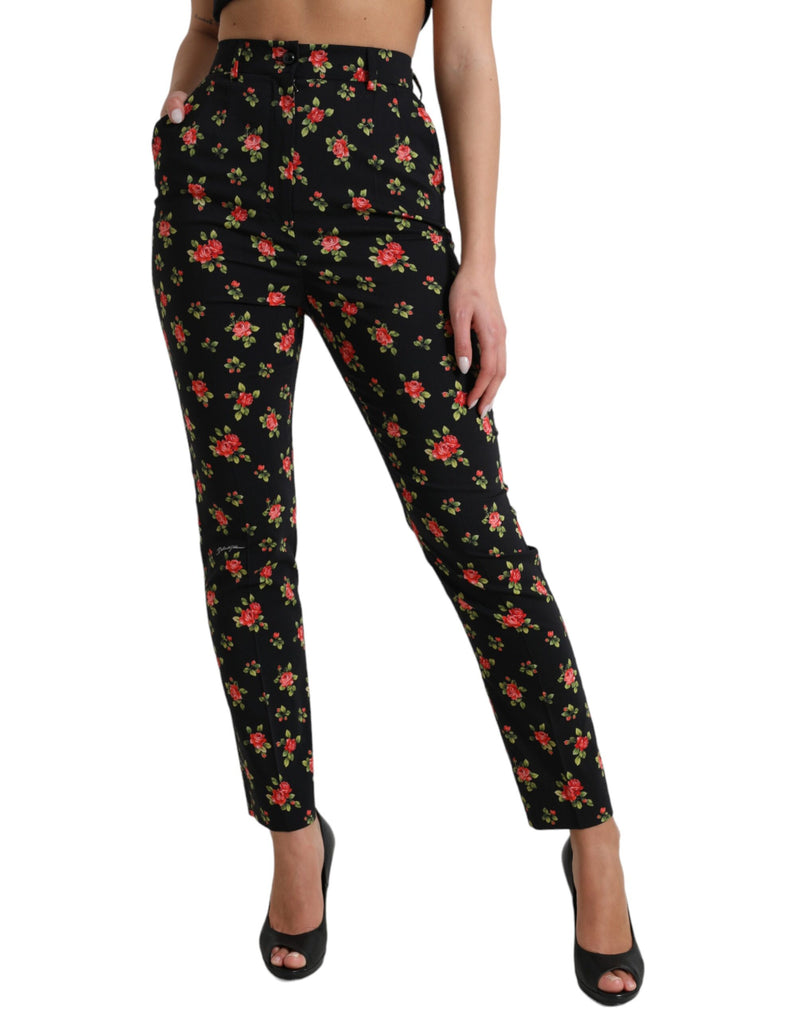 Black Floral Wool High Waist Tapered Pants-Dolce & Gabbana-LabelTerrace.com
