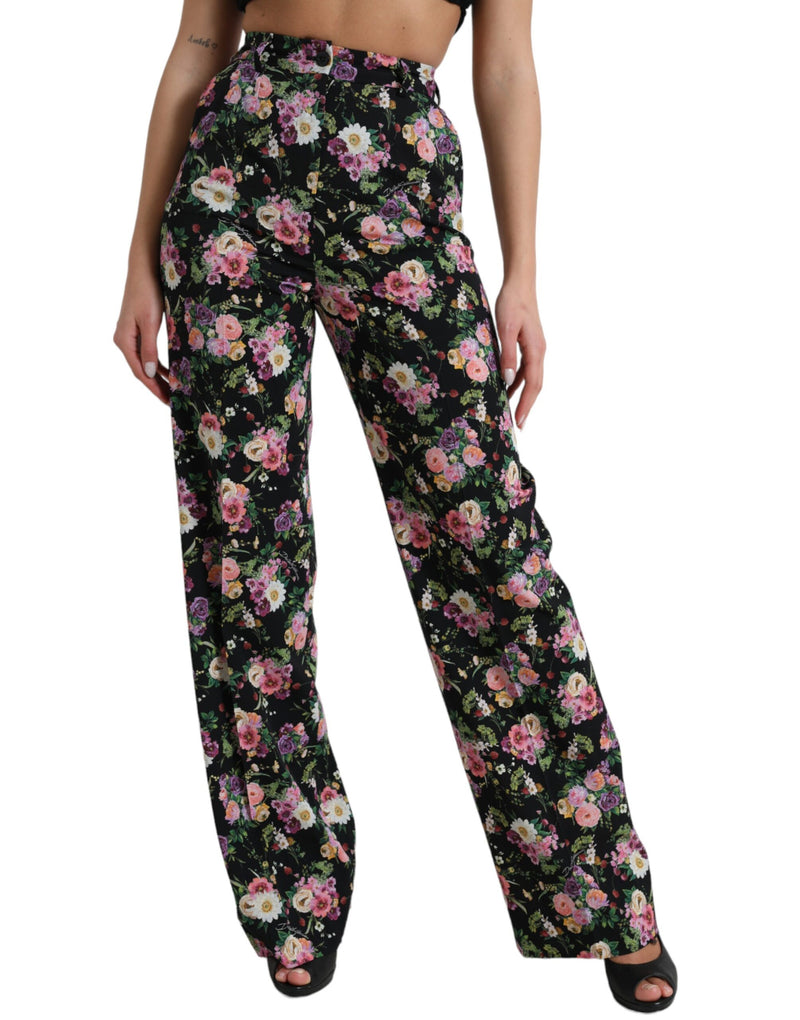 Black Floral Wool High Waist Wide Leg Pants-Dolce & Gabbana-LabelTerrace.com