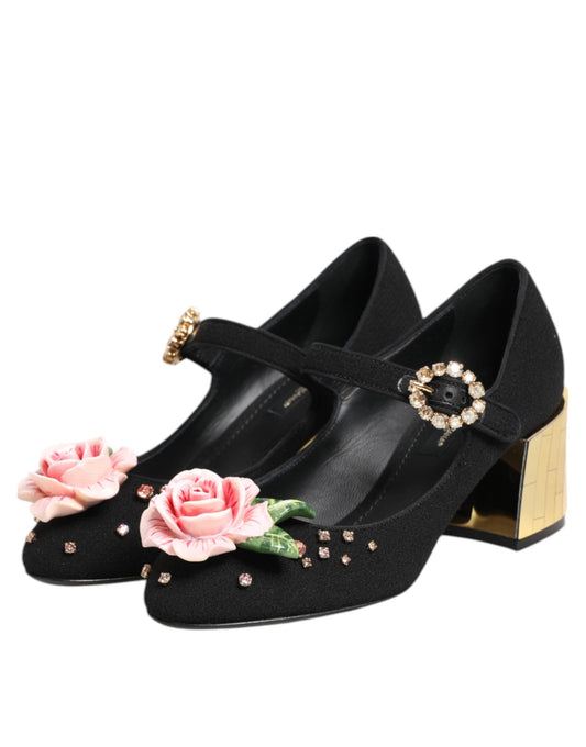Black Flower Crystal Embellished Mary Jane Shoes-Dolce & Gabbana-LabelTerrace.com