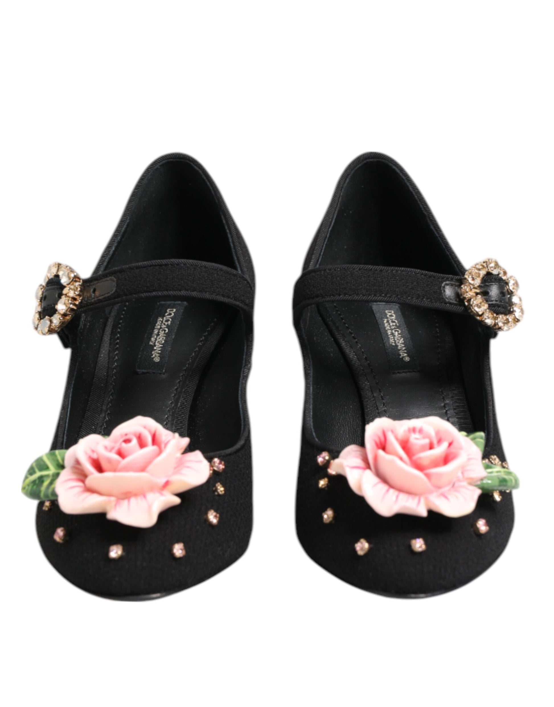 Black Flower Crystal Embellished Mary Jane Shoes-Dolce & Gabbana-LabelTerrace.com