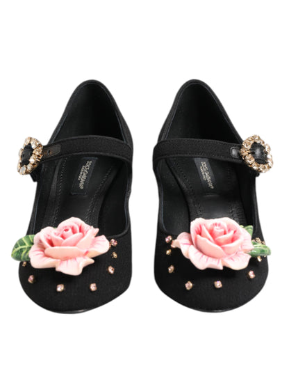 Black Flower Crystal Embellished Mary Jane Shoes-Dolce & Gabbana-LabelTerrace.com