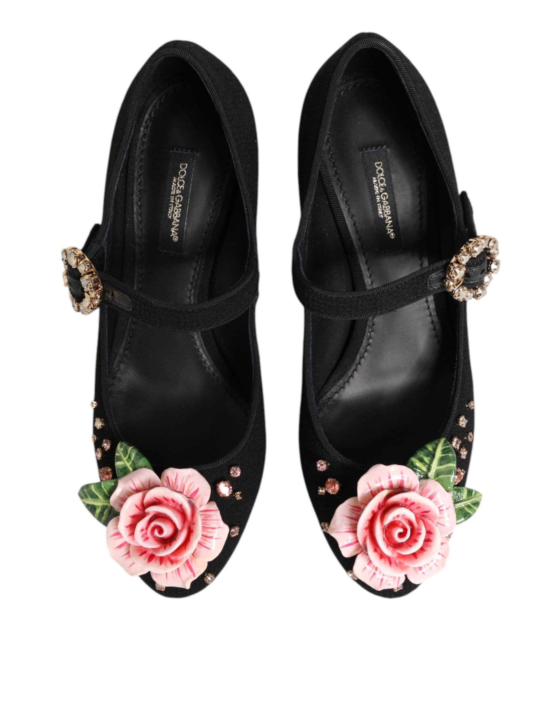 Black Flower Crystal Embellished Mary Jane Shoes-Dolce & Gabbana-LabelTerrace.com