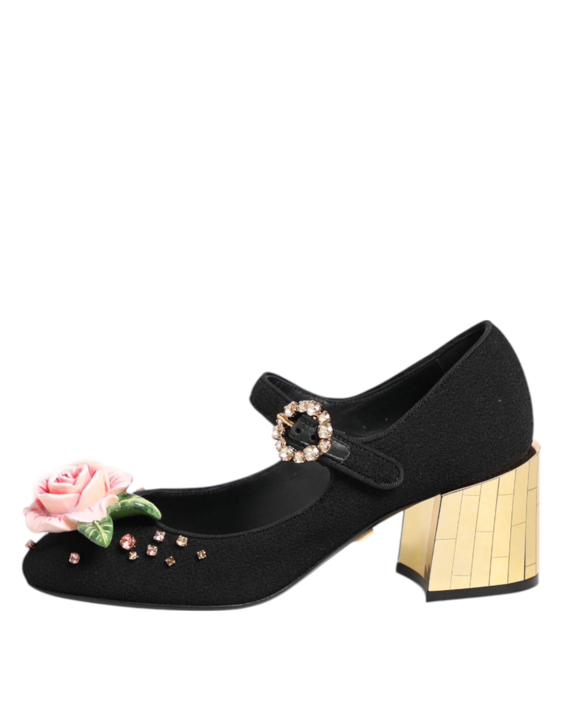 Black Flower Crystal Embellished Mary Jane Shoes-Dolce & Gabbana-LabelTerrace.com