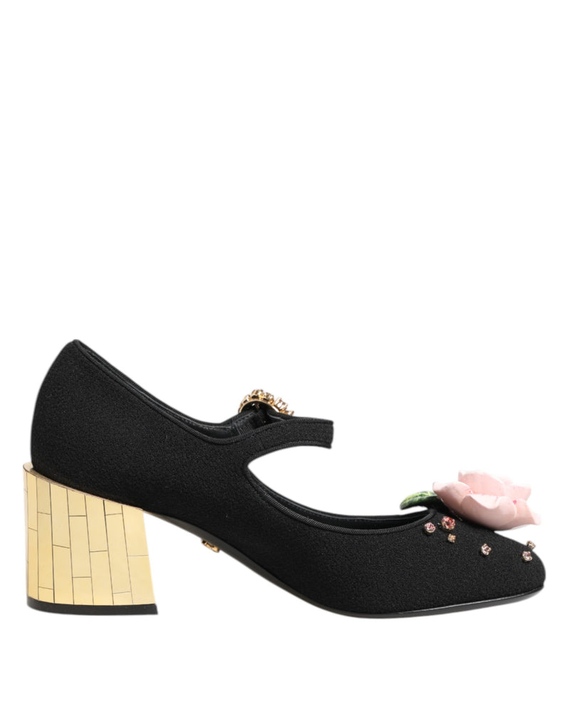 Black Flower Crystal Embellished Mary Jane Shoes-Dolce & Gabbana-LabelTerrace.com