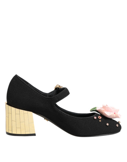 Black Flower Crystal Embellished Mary Jane Shoes-Dolce & Gabbana-LabelTerrace.com
