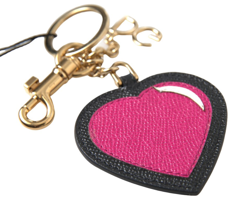 Black Fuchsia Heart Leather Gold Metal Keyring Keychain-Dolce & Gabbana-LabelTerrace.com