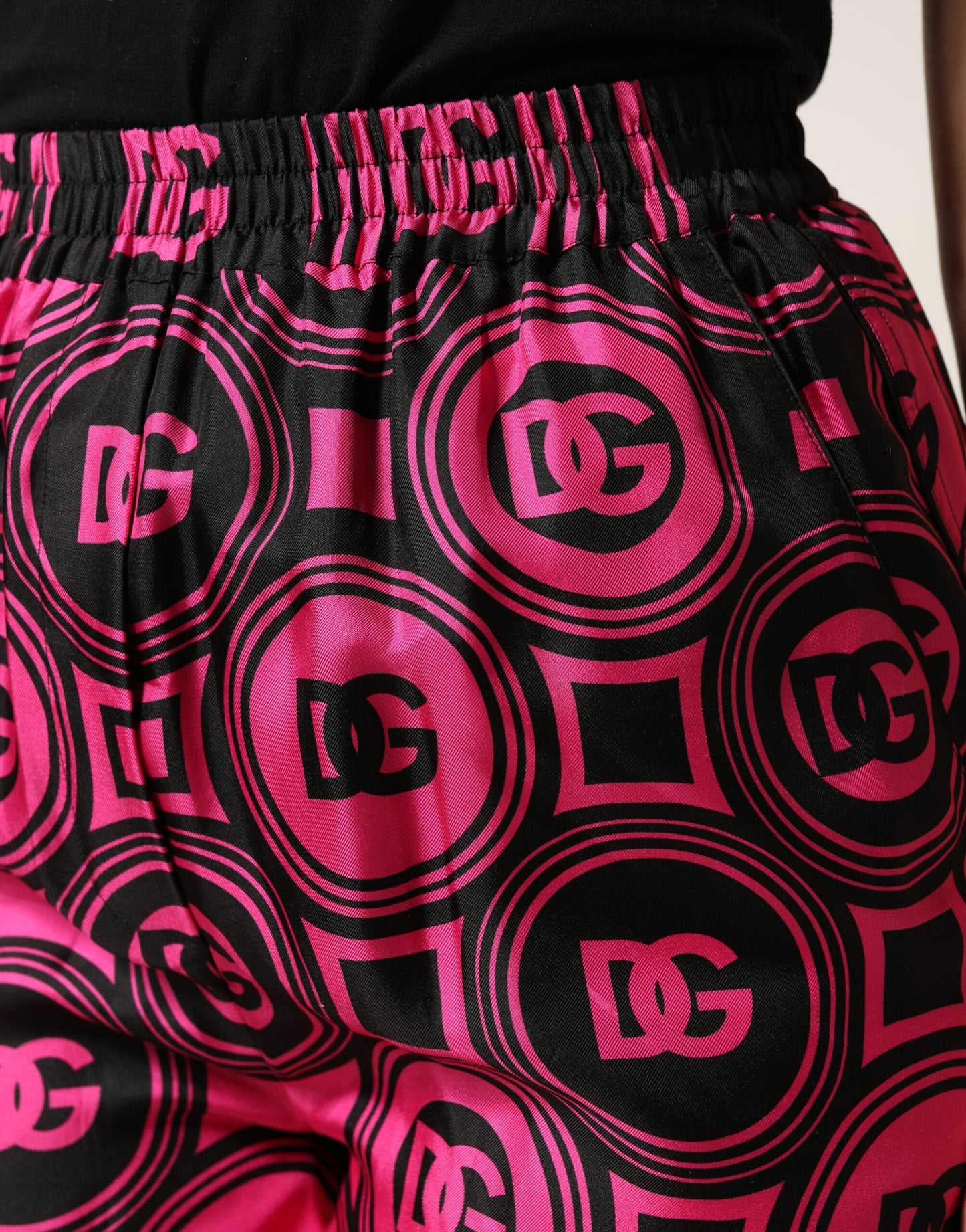 Black Fuchsia Silk Logo Elastic Waist Shorts