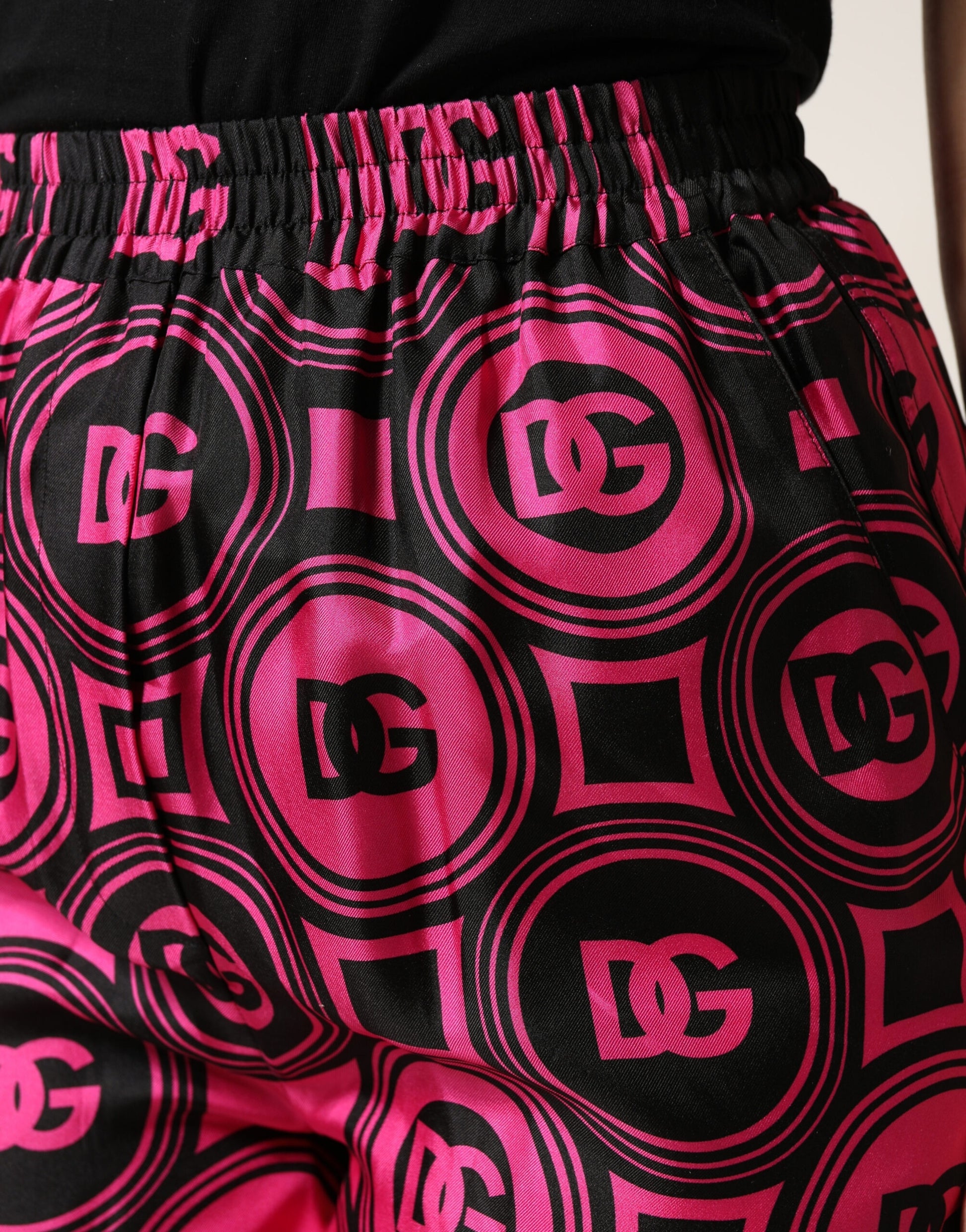 Black Fuchsia Silk Logo Elastic Waist Shorts