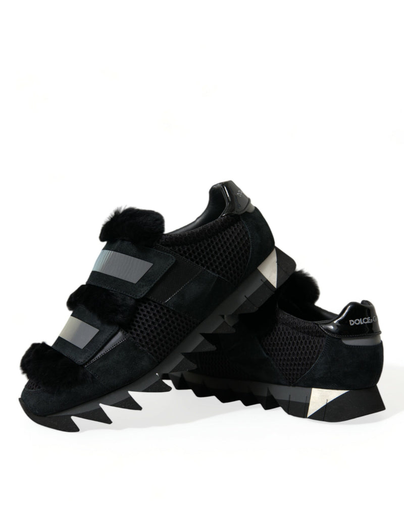 Black Fur Embellished Suede Sneakers Shoes-Dolce & Gabbana-LabelTerrace.com
