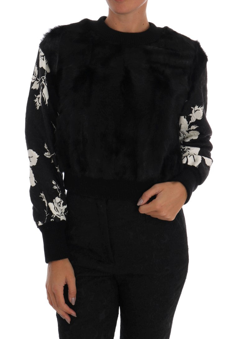 Black Fur Floral Brocade Zipper Sweater-Dolce & Gabbana-LabelTerrace.com