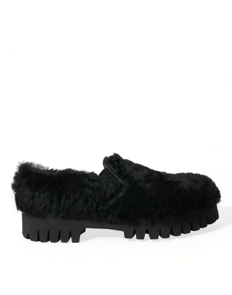 Black Fur Leather Slippers Dress Shoes-Dolce & Gabbana-LabelTerrace.com