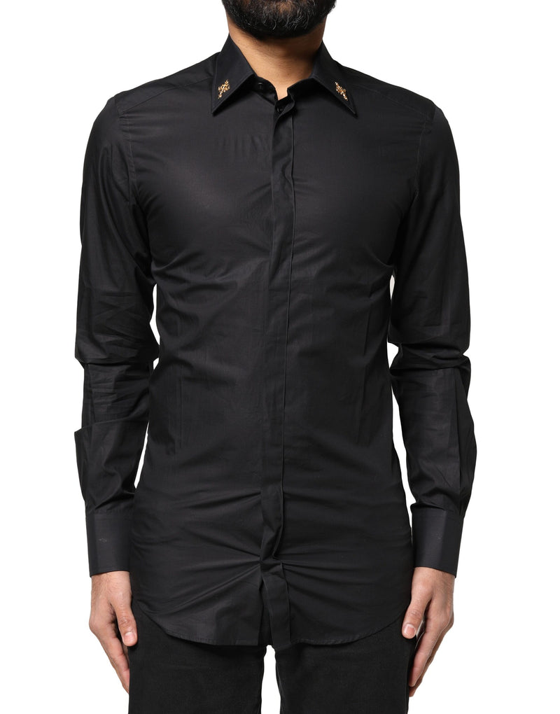 Black GOLD Cross Embellished Men Dress Shirt-Dolce & Gabbana-LabelTerrace.com