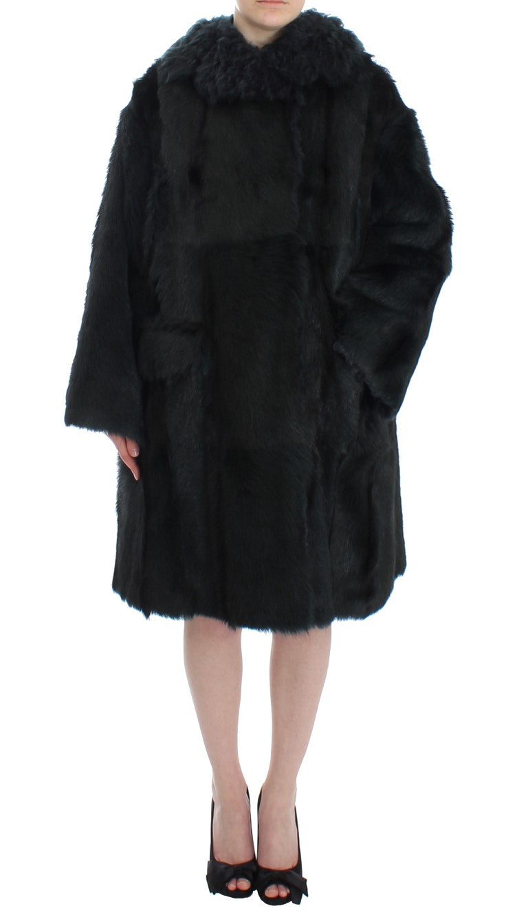 Black Goat Fur Shearling Long Jacket Coat-Dolce & Gabbana-LabelTerrace.com