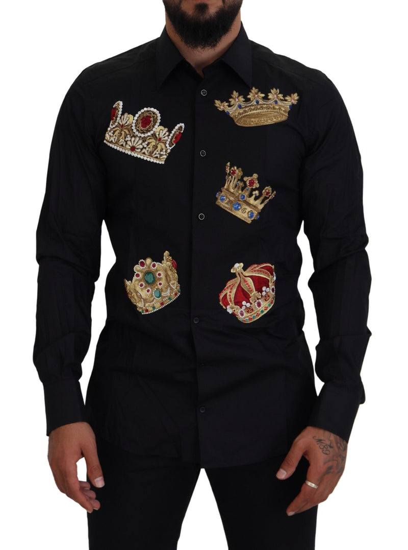 Black Gold Crown Slim Fit Dress Formal Shirt-Dolce & Gabbana-LabelTerrace.com