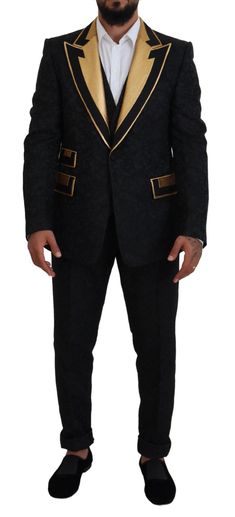 Black Gold Fantasy Tuxedo Slim Fit Suit-Dolce & Gabbana-LabelTerrace.com
