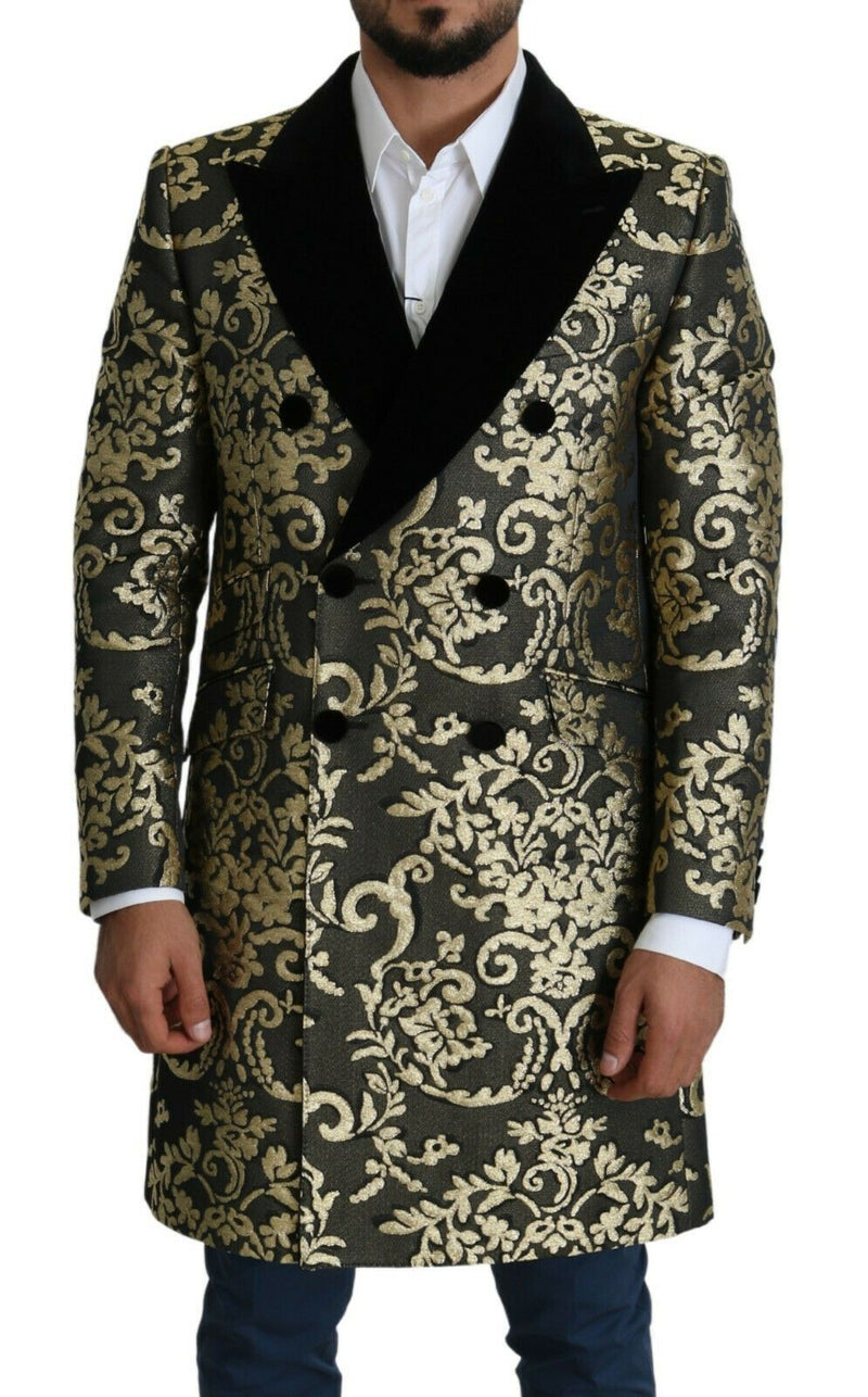 Black Gold Jacquard Long Coat SICILIA Jacket-Dolce & Gabbana-LabelTerrace.com