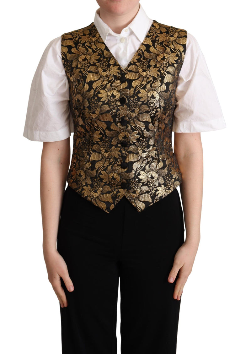 Black Gold Jacquard Silk Waistcoat Vest-Dolce & Gabbana-LabelTerrace.com