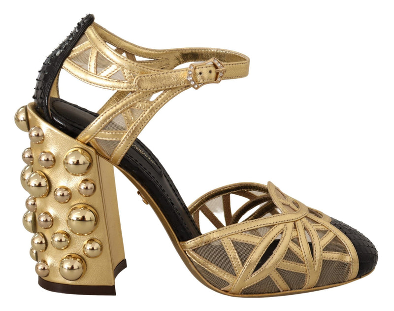 Black Gold Leather Studded Ankle Straps Shoes-Dolce & Gabbana-LabelTerrace.com