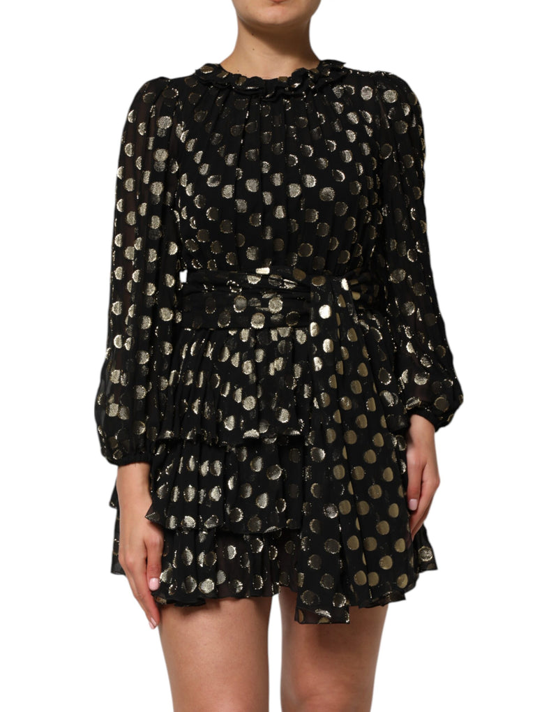 Black Gold Polka Dot Silk Brocade Mini Dress-Dolce & Gabbana-LabelTerrace.com