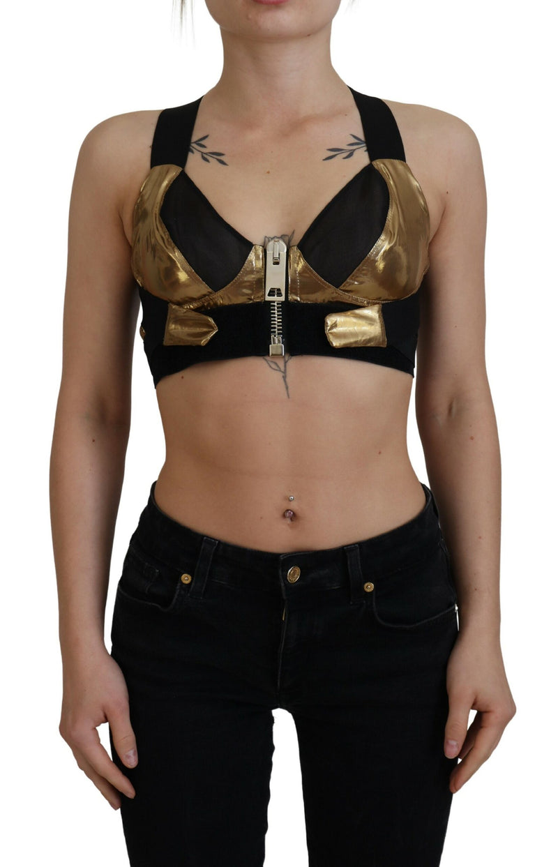 Black Gold Sleeveless Cropped Bustier Top-Dolce & Gabbana-LabelTerrace.com