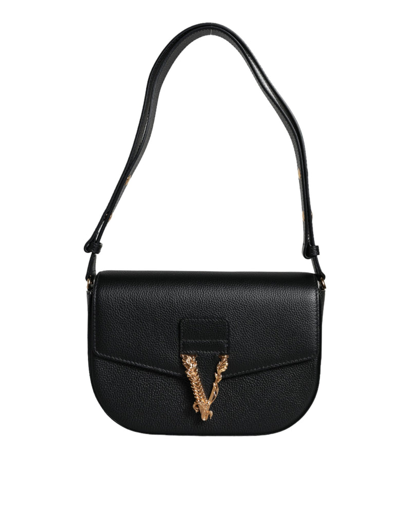 Black Grainy Calf Leather Logo Crossbody Shoulder Bag-Versace-LabelTerrace.com