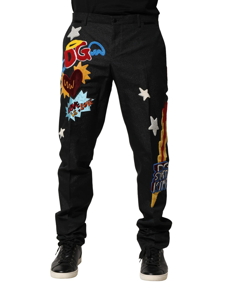 Black Graphic Embroidery Men Pants-Dolce & Gabbana-LabelTerrace.com