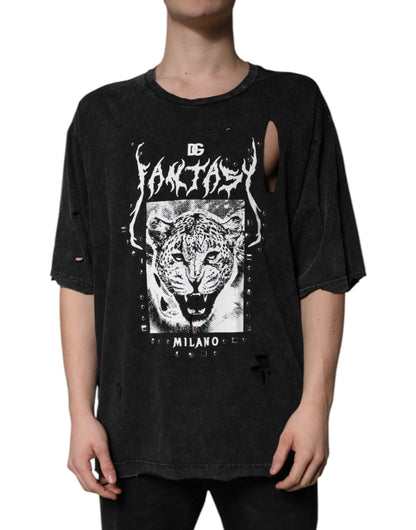 Black Graphic Print Cotton Crew Neck T-shirt-Dolce & Gabbana-LabelTerrace.com