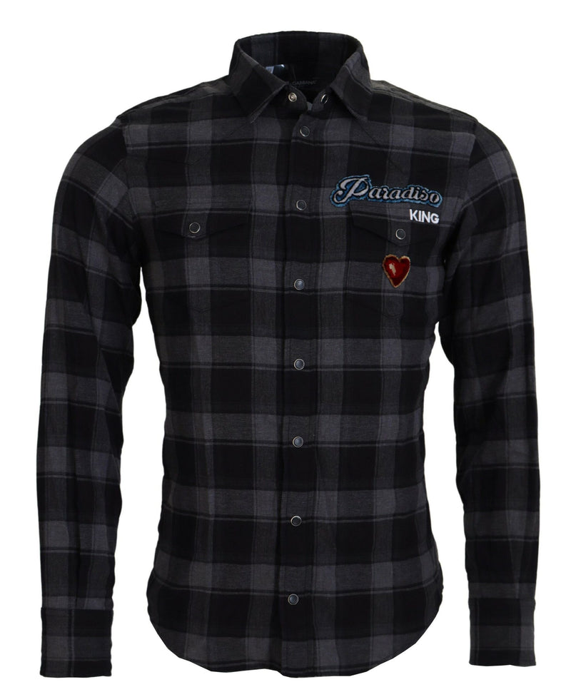 Black Gray Check Men Long Sleeves Shirt-Dolce & Gabbana-LabelTerrace.com