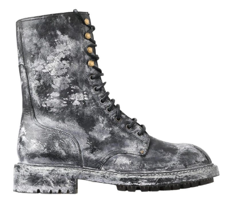 Black Gray Leather Mid Calf Boots Shoes-Dolce & Gabbana-LabelTerrace.com