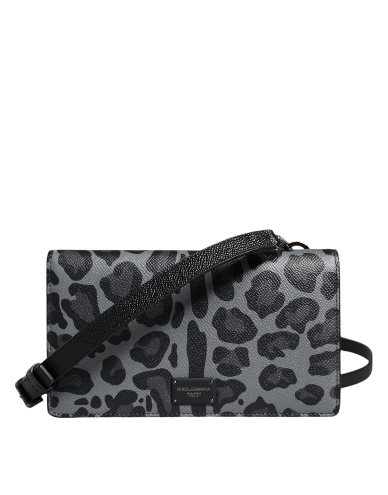 Black Gray Leopard Leather Bifold Card Slot Crossbody Bag-Dolce & Gabbana-LabelTerrace.com
