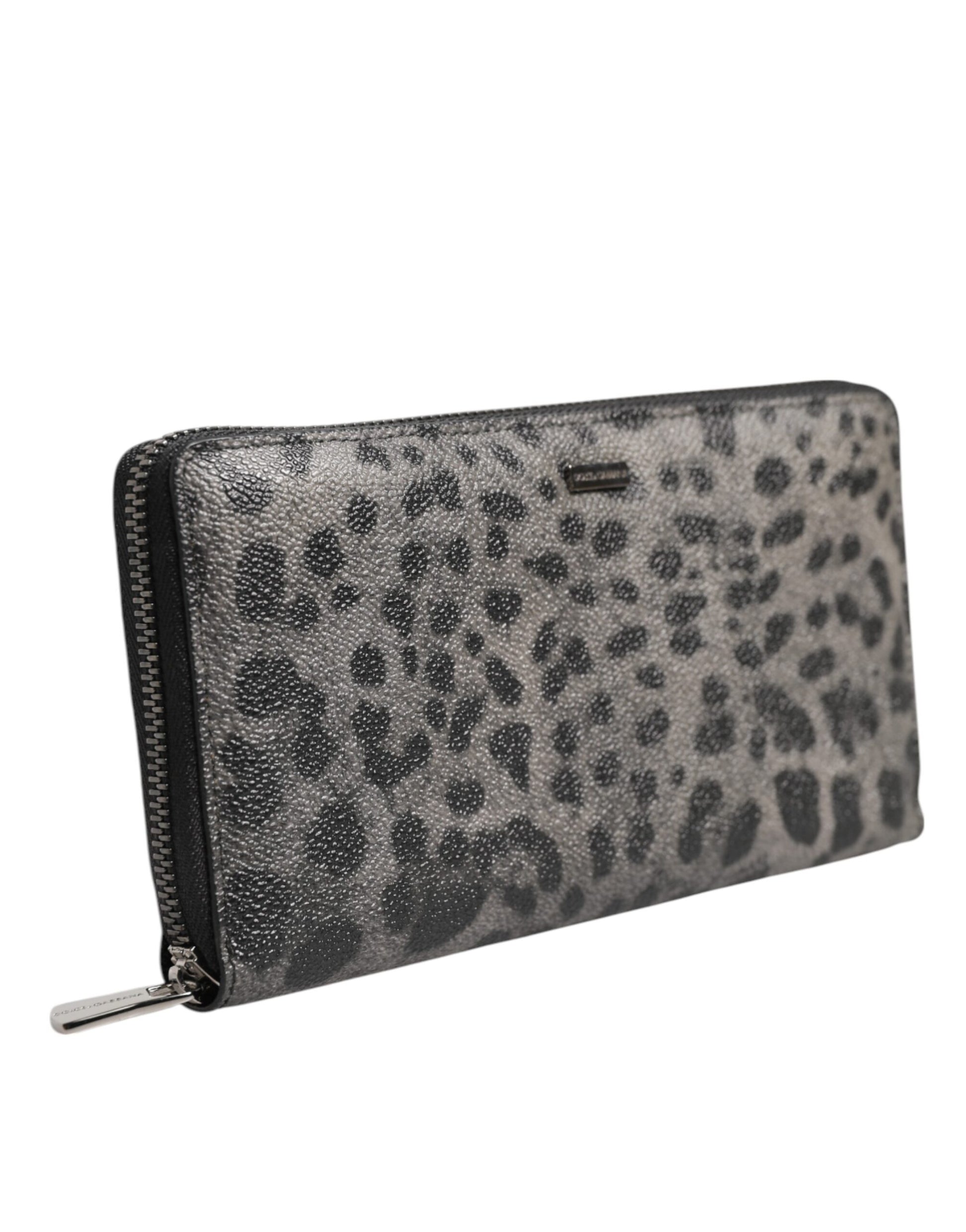 Black Gray Leopard Leather Zip Around Continental Wallet-Dolce & Gabbana-LabelTerrace.com