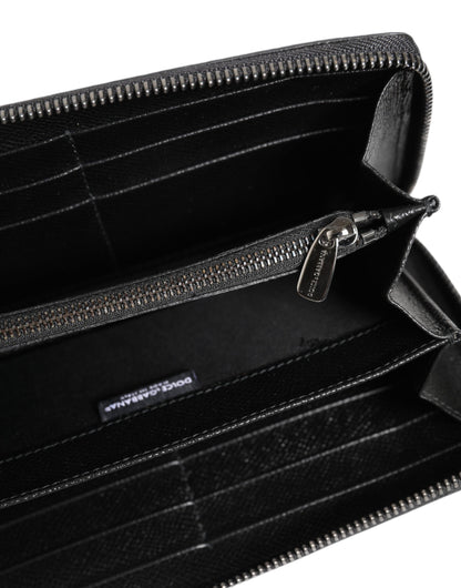 Black Gray Leopard Leather Zip Around Continental Wallet-Dolce & Gabbana-LabelTerrace.com