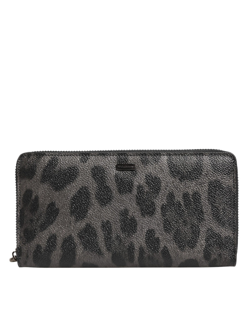 Black Gray Leopard Leather Zip Around Continental Wallet-Dolce & Gabbana-LabelTerrace.com