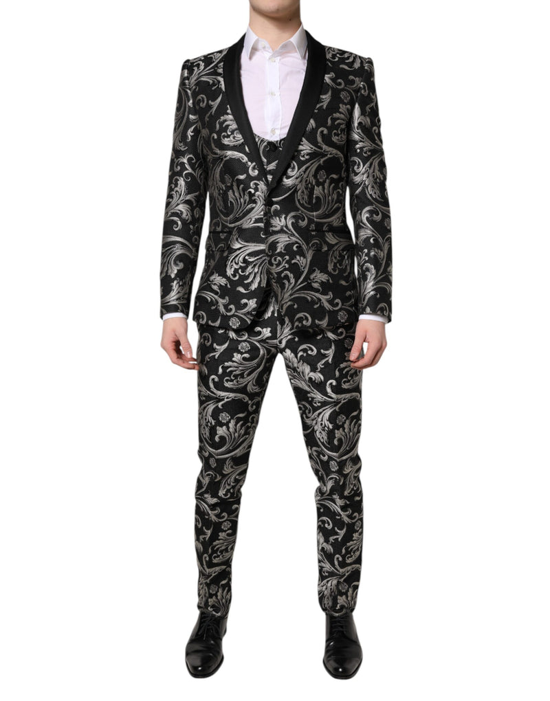 Black Gray MARTINI Jacquard Men 3 Piece Suit-Dolce & Gabbana-LabelTerrace.com