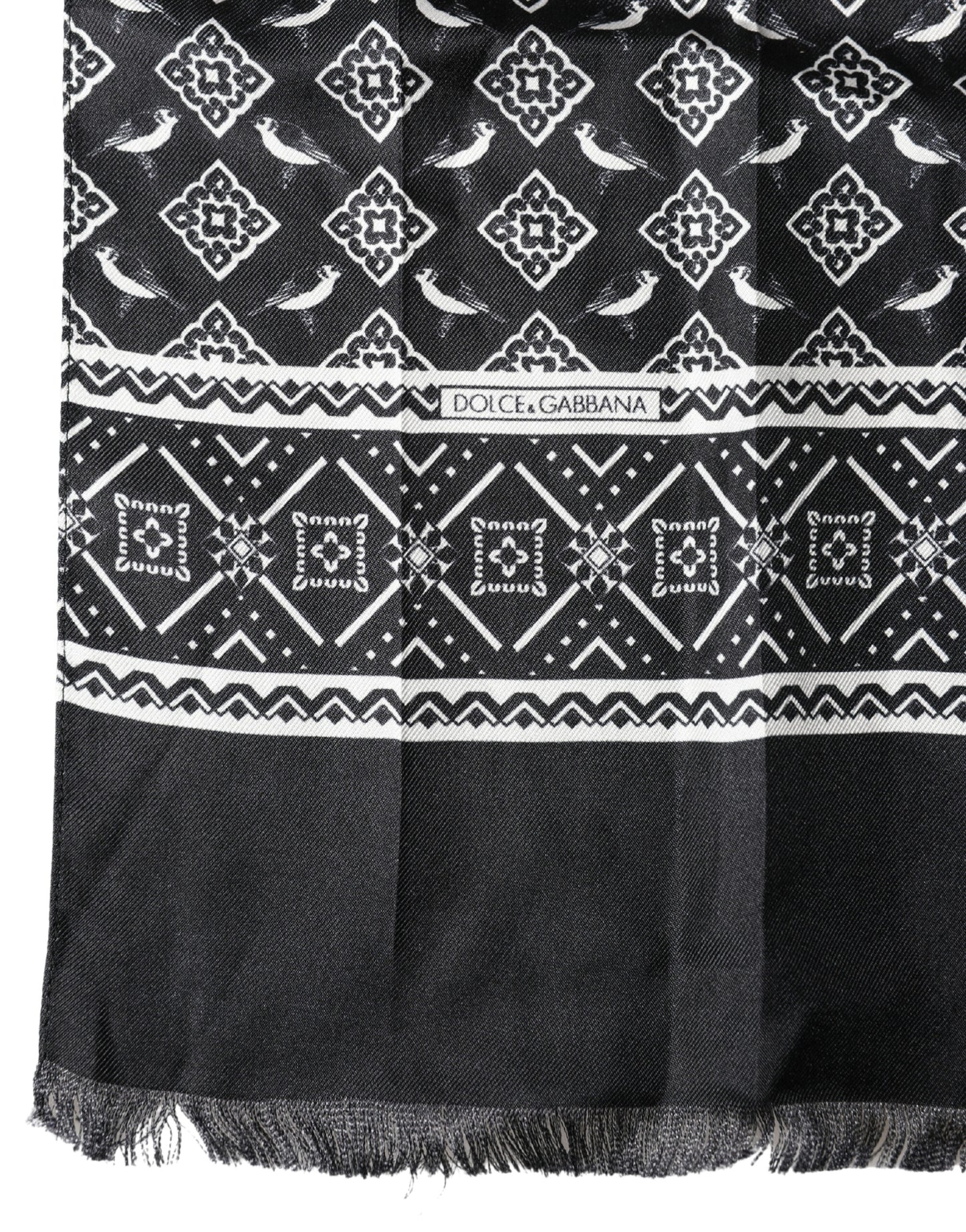 Black Gray Silk Bird Fringe Wrap Foulard 140cm X 23cm Scarf