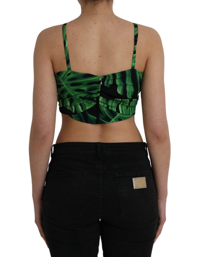 Black Green Leaf Silk Halter Cropped Top-Dolce & Gabbana-LabelTerrace.com