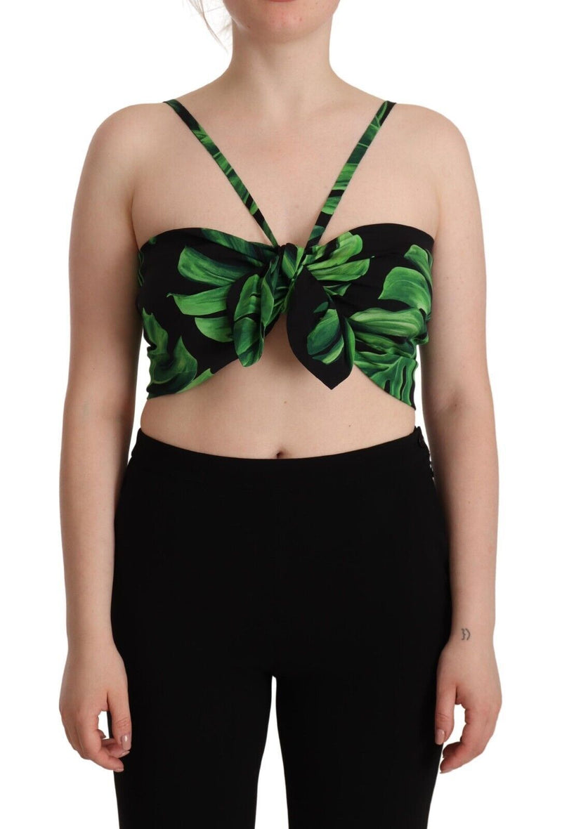 Black Green Leaf Silk Halter Cropped Top-Dolce & Gabbana-LabelTerrace.com